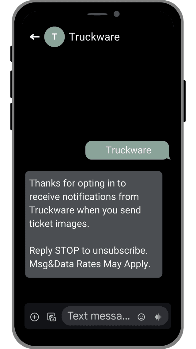 Truckware SMS interface showing message confirmation and STOP/START functionality