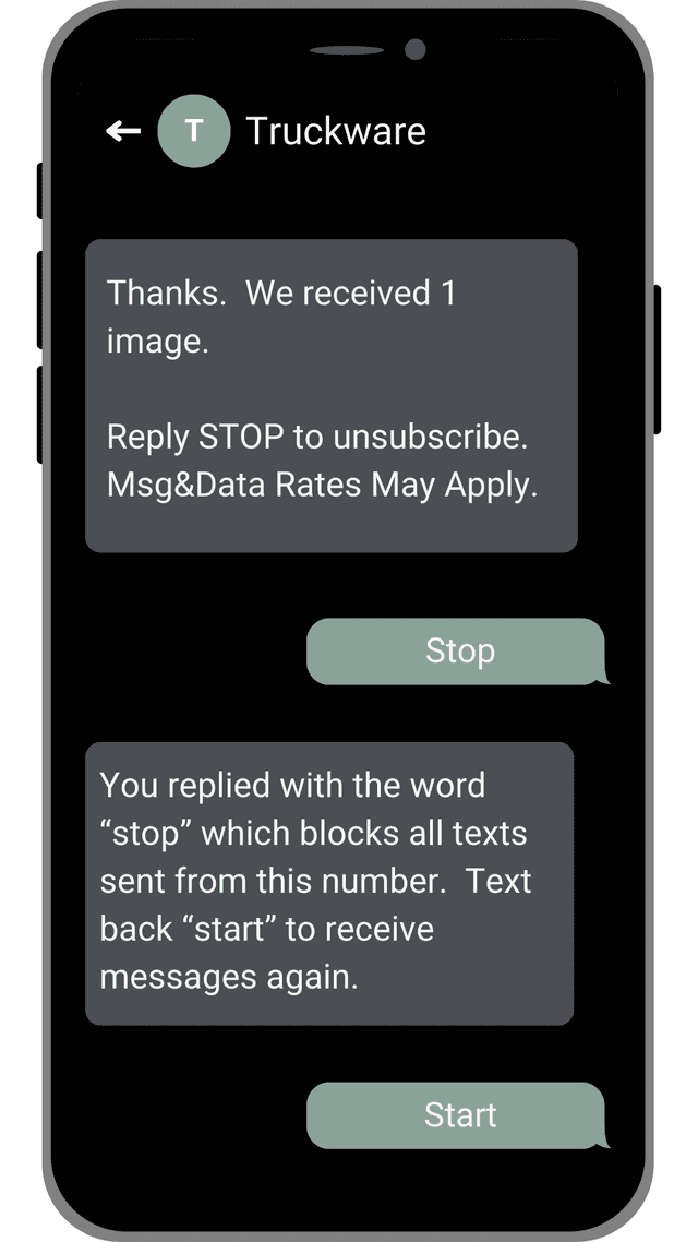 Truckware SMS interface showing message confirmation and STOP/START functionality