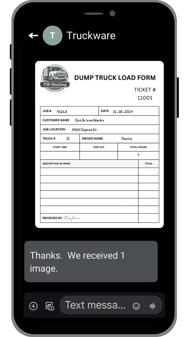 Truckware SMS interface showing message confirmation and STOP/START functionality